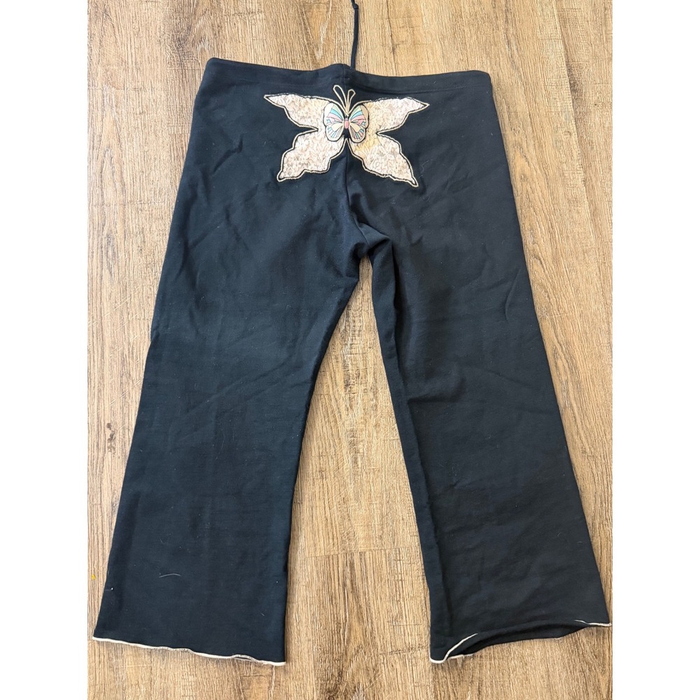Black Cotton Butterfly Lace Applique Lounge Pants Large Wide Leg Y2K Loungewear